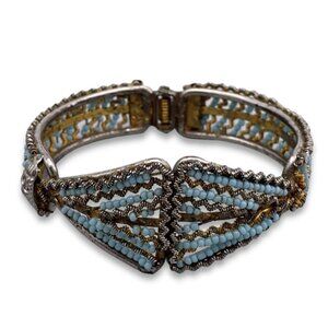 Vintage Blue Beaded Hinged Bangle Bracelet
